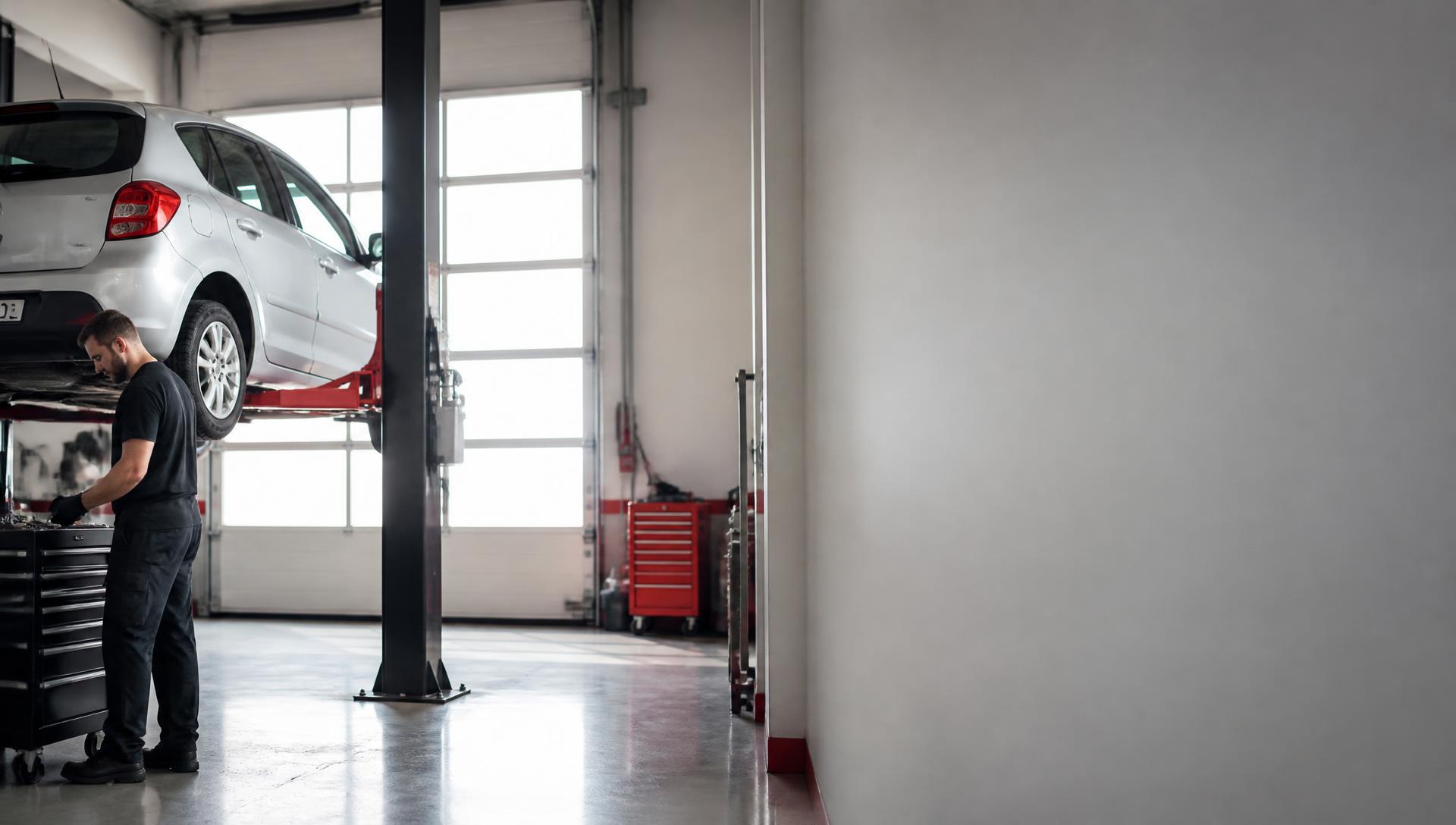 Mechanik pracuje na osobním voze zvednutém na dvousloupovém zvedáku v dílně autoservisu